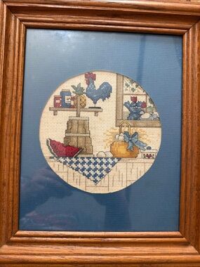 Vintage Framed Country Kitchen Cross Stitch - Blue, Red, Gold Accents